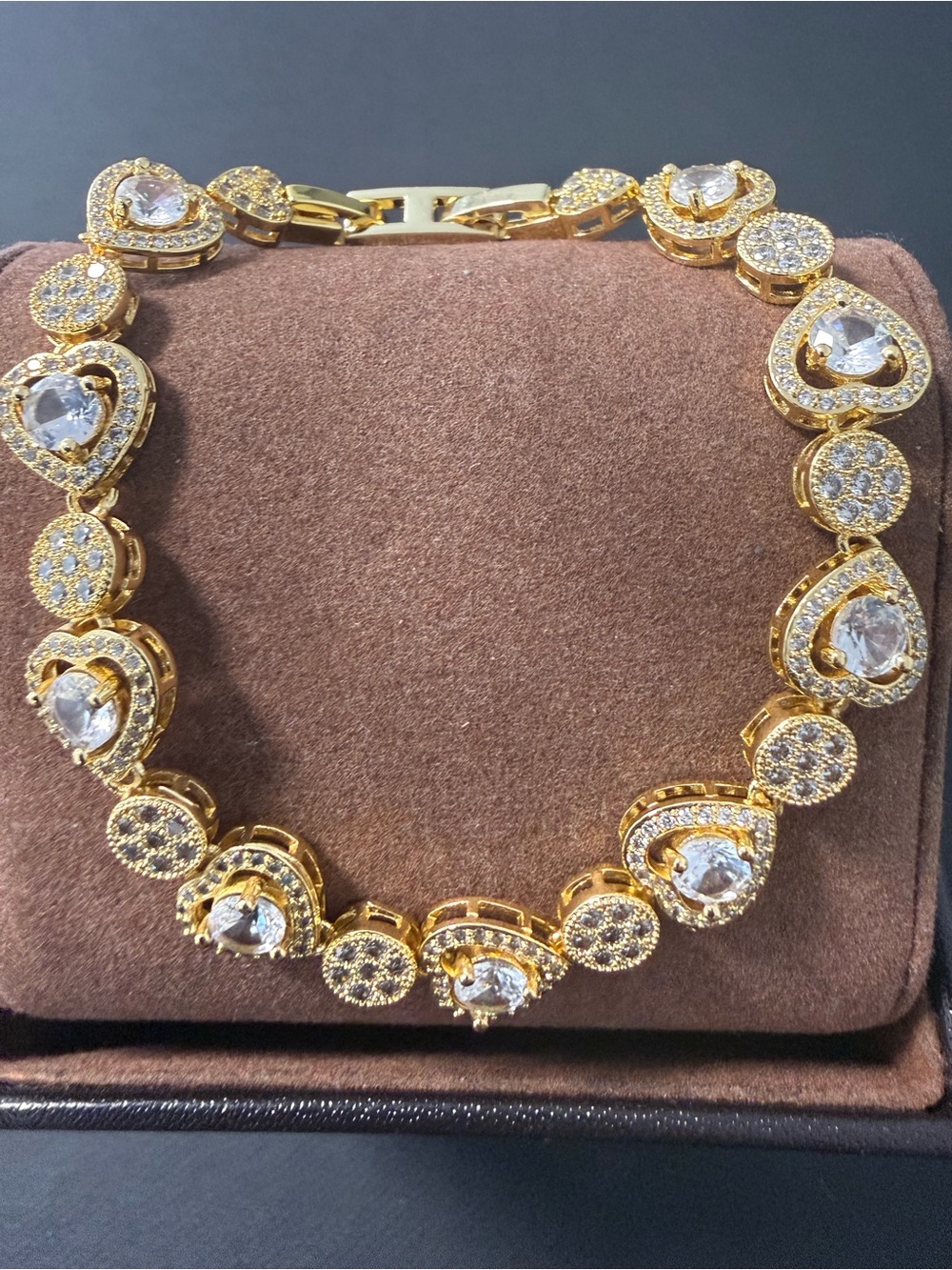 New 14k Gold Plated Heart & Round Crystal Bracelet